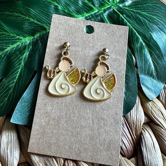 BOGO FREE Christmas enameled Angel Dangle VTG earrings - Picture 1 of 3